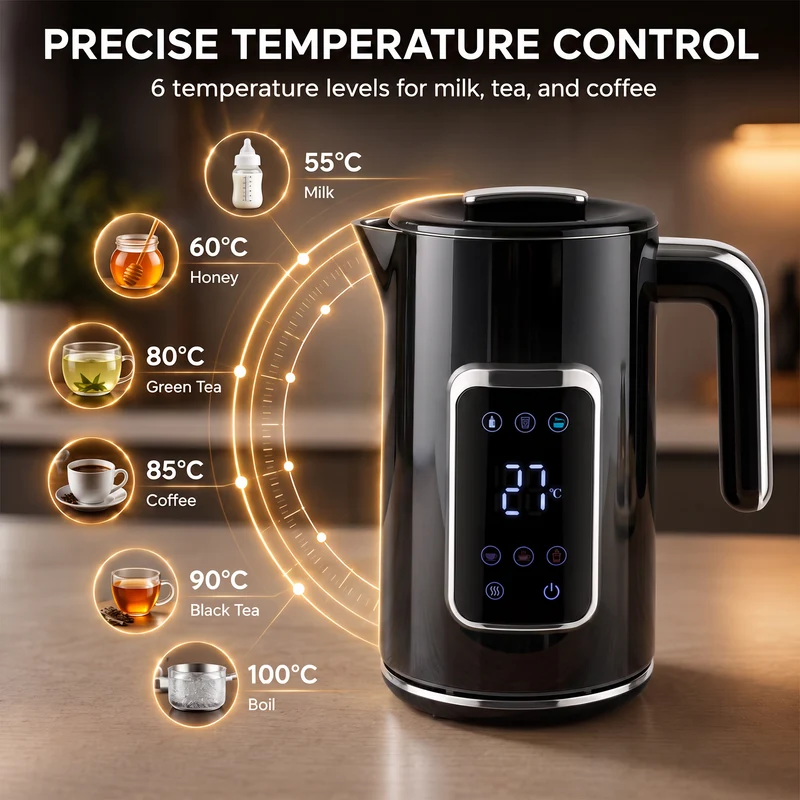 1.7L 3000W Electric Kettle, Fast Boil with LED, Adjustable Temp, Keep Warm - Black