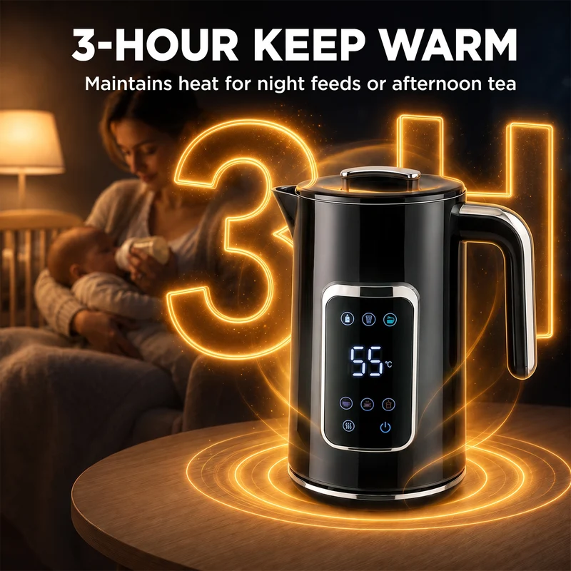 1.7L 3000W Electric Kettle, Fast Boil with LED, Adjustable Temp, Keep Warm - Black
