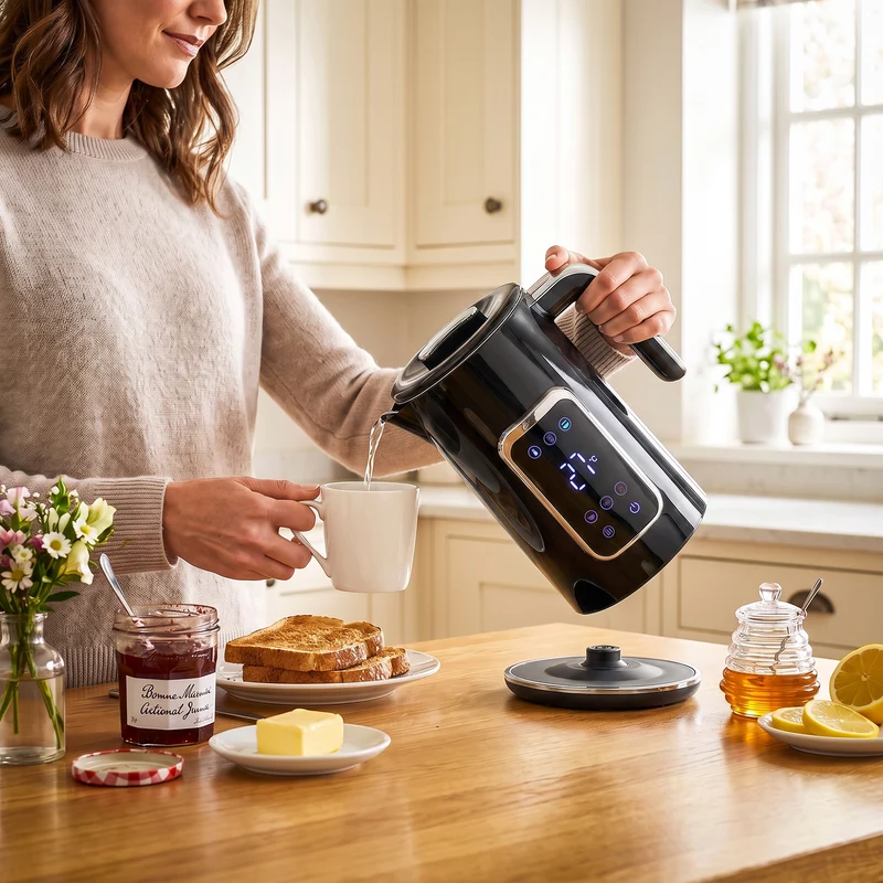 1.7L 3000W Electric Kettle, Fast Boil with LED, Adjustable Temp, Keep Warm - Black