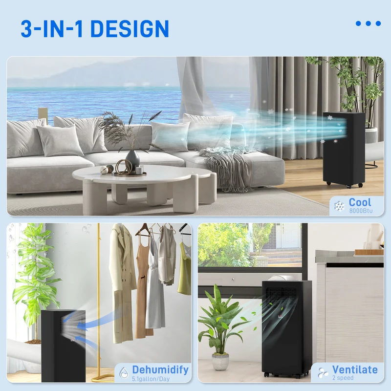 8000 BTU Mobile Air Conditioner, 345 Sq. Ft., AC Unit with Dehumidifier, Sleep, 24H Timer On/Off, Window Kit, Black