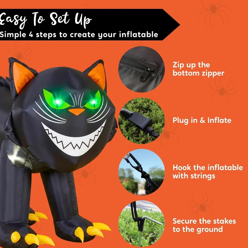 Aufblasbare LED Halloween Katze Beweglicher Kopf Deko 213cm