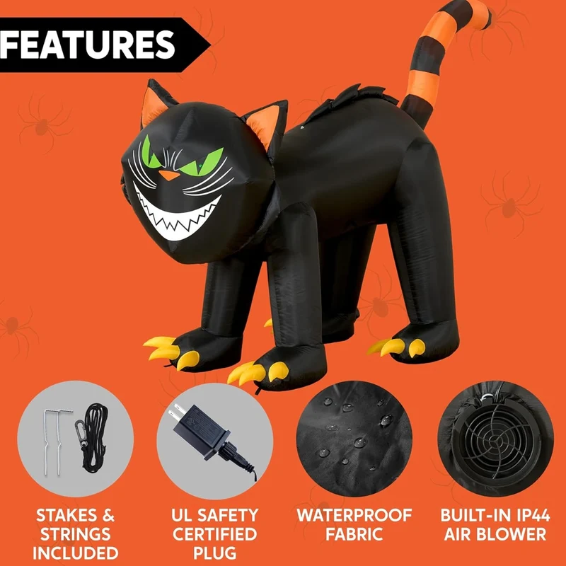 Aufblasbare LED Halloween Katze Beweglicher Kopf Deko 213cm