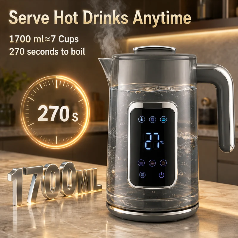 1.7L Fast Electric Kettle with LED Display, Adjustable Temp, Keep Warm, Grey
