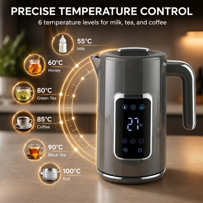 1.7L Fast Electric Kettle with LED Display, Adjustable Temp, Keep Warm, Grey