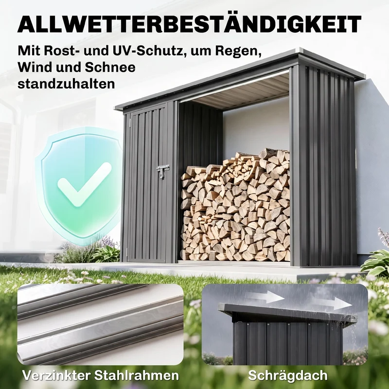 Kaminholzregal Brennholzregal Geräteschrank Gartenschrank Schuppen 235x67x149cm