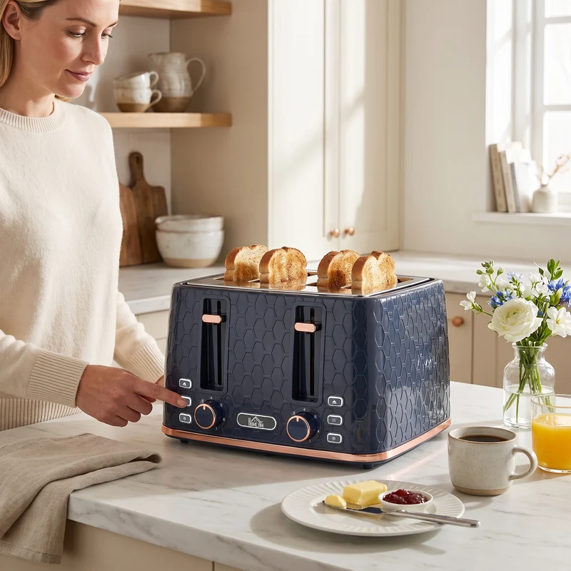 4-Slice Toaster with 7-Level Browning, Reheat/Defrost/Cancel in Dark Blue