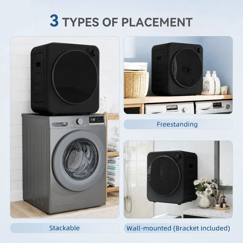 Portable Front-Load Dryer with 4kg wet/2.5kg dry capacity, 2 power modes, Black