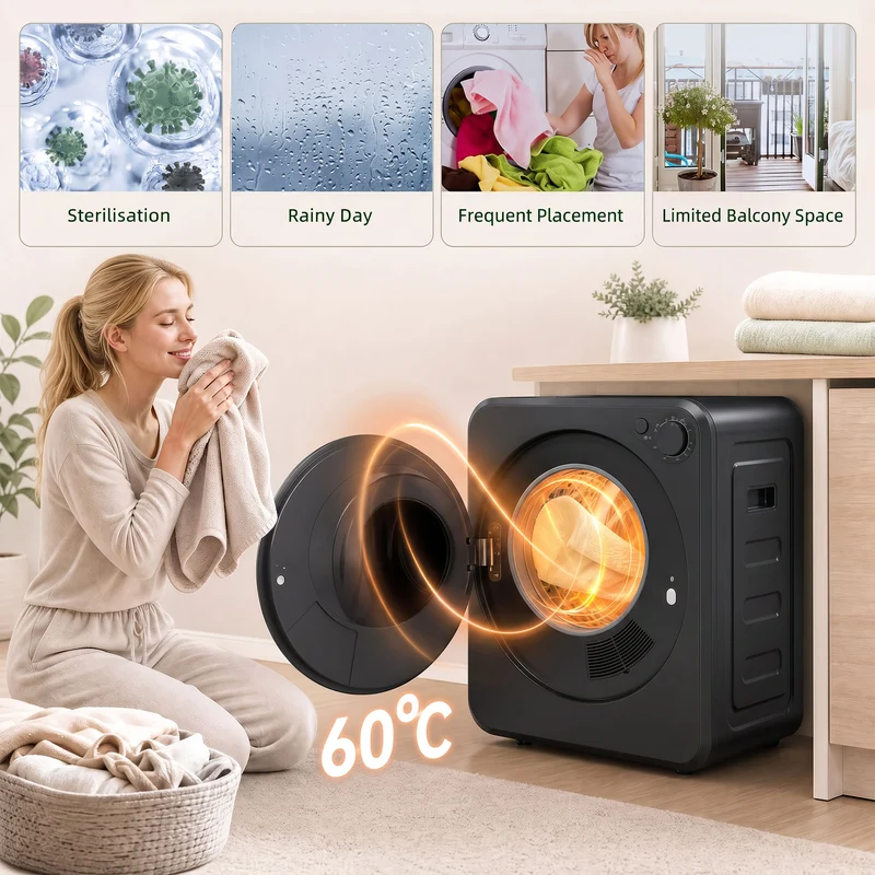 Portable Front-Load Dryer with 4kg wet/2.5kg dry capacity, 2 power modes, Black