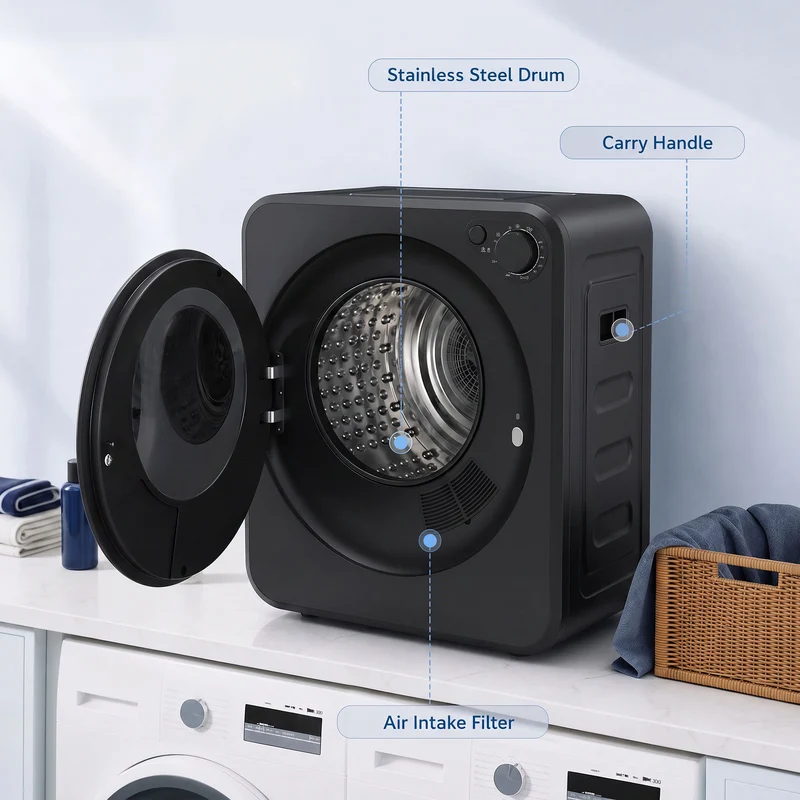 Portable Front-Load Dryer with 4kg wet/2.5kg dry capacity, 2 power modes, Black