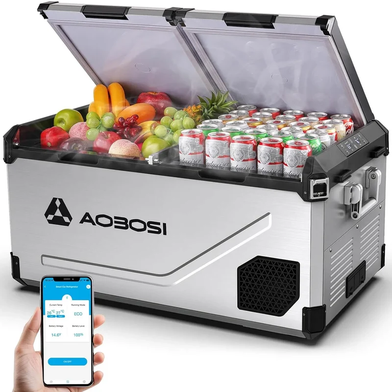 Elektrische Kühlbox, 95 L, -20 bis 20 °C, 12 V, AAOBOSI, Edelstahl, mobile Kühlbox, APP, 12V 230V