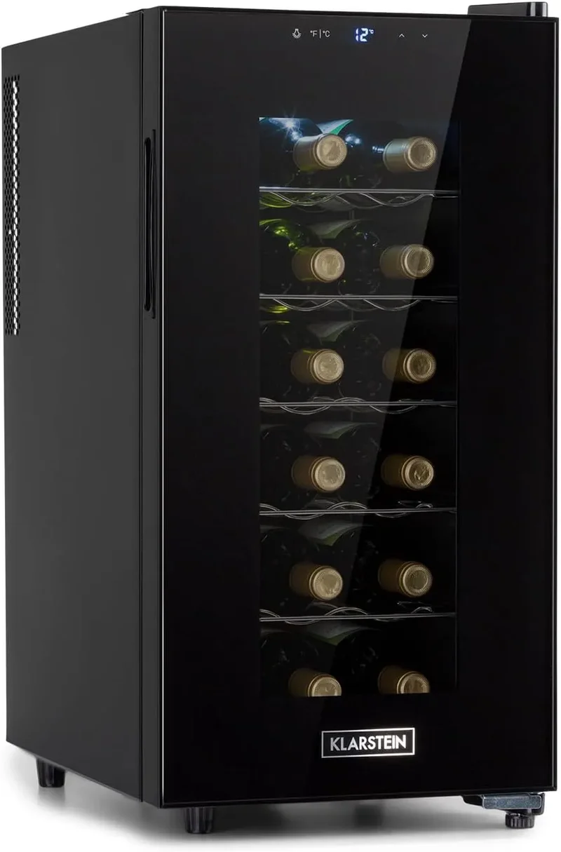 Klarstein Weinkühlschrank, 18 Flaschen, 1 Kochzonen, 11 bis 18 °C, Glas, schmal, freistehend, Outdoor, Weinkühlschrank Klein, Kühlschrank mit
