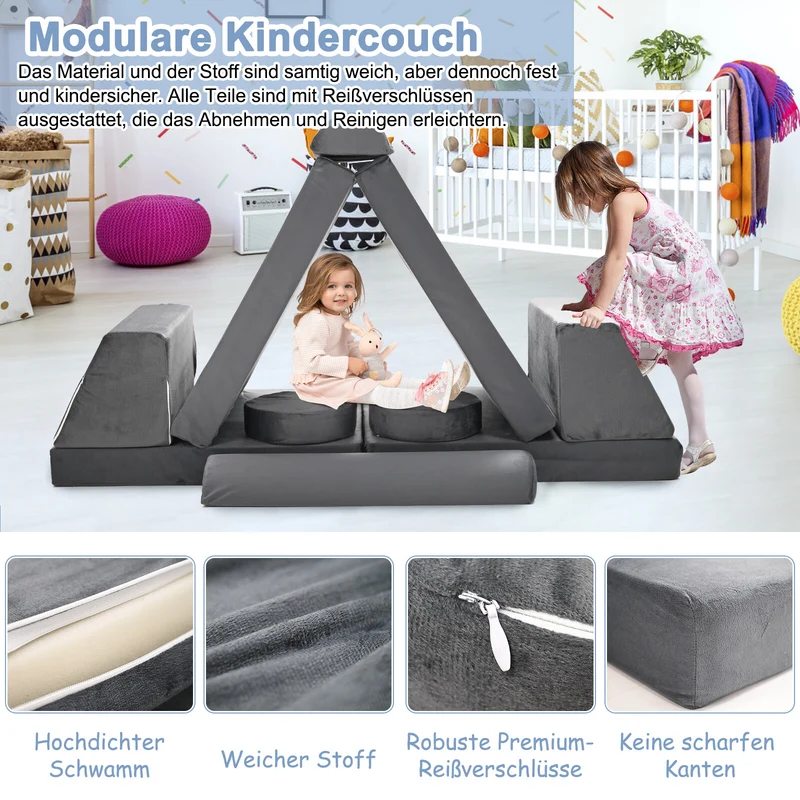 Kindersofa 10-teilig Schaumstoff Bausteine modular Spielsofa 120x60x50cm