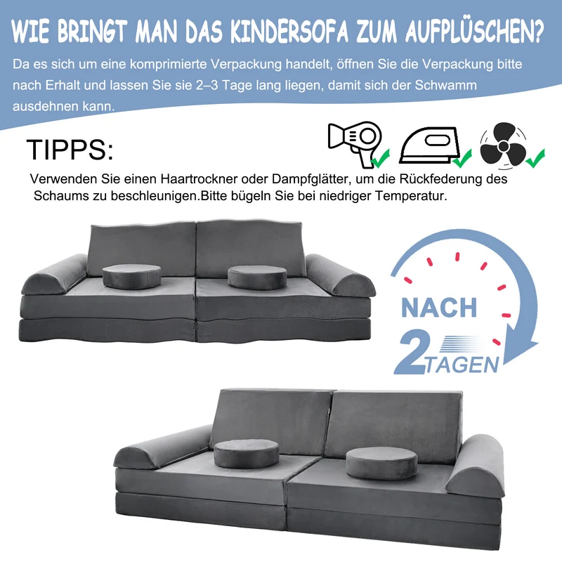 Kindersofa 10-teilig Schaumstoff Bausteine modular Spielsofa 120x60x50cm