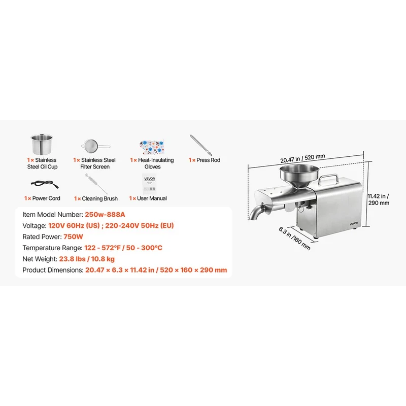 Elektrische Ölpresse Ölpressmaschine Edelstahl 750W Ölmühle 3,75kg/h