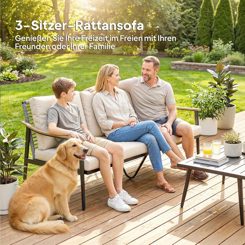 Gartensofa 3 Sitzer Rattan Loungesofa mit Kissen