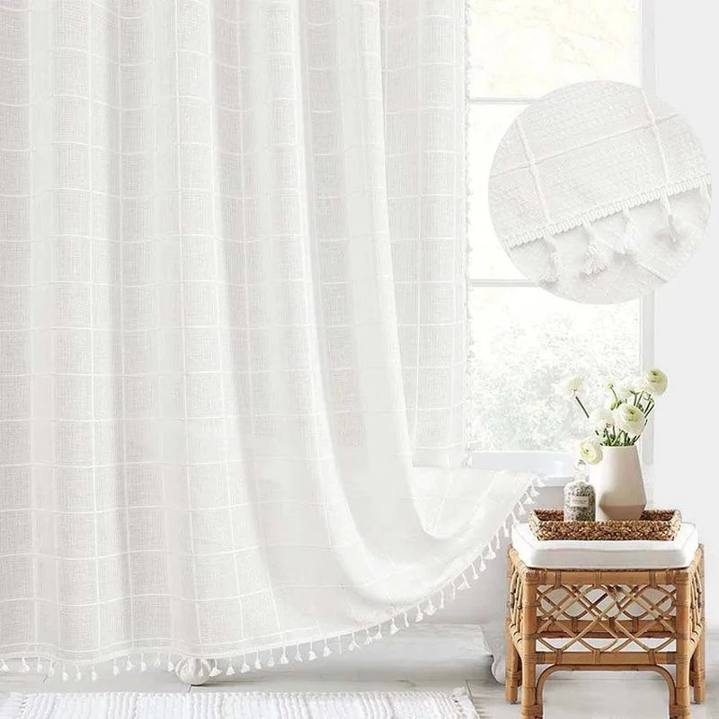 Skanto | Moderner Jacquard-Leinen-Duschvorhang mit Quasten (1 Stk.) │ Für nordische Bad-Deko