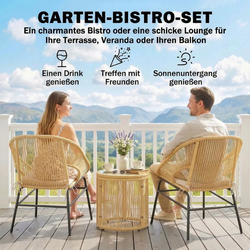 3tlg Rattan Bistroset Gartenmöbel Set 2 Gartenstühle Möbelset