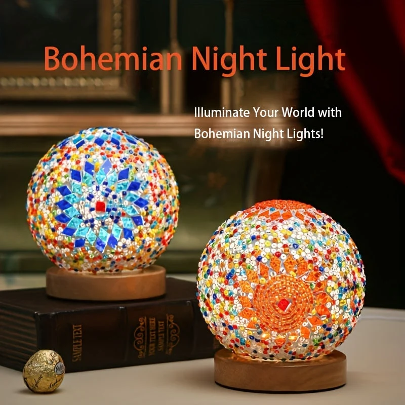 Skanto | Mosaik-Glaskugel-Tischlampe mit Holzsockel - Türkisch-Marokkanisch inspiriert