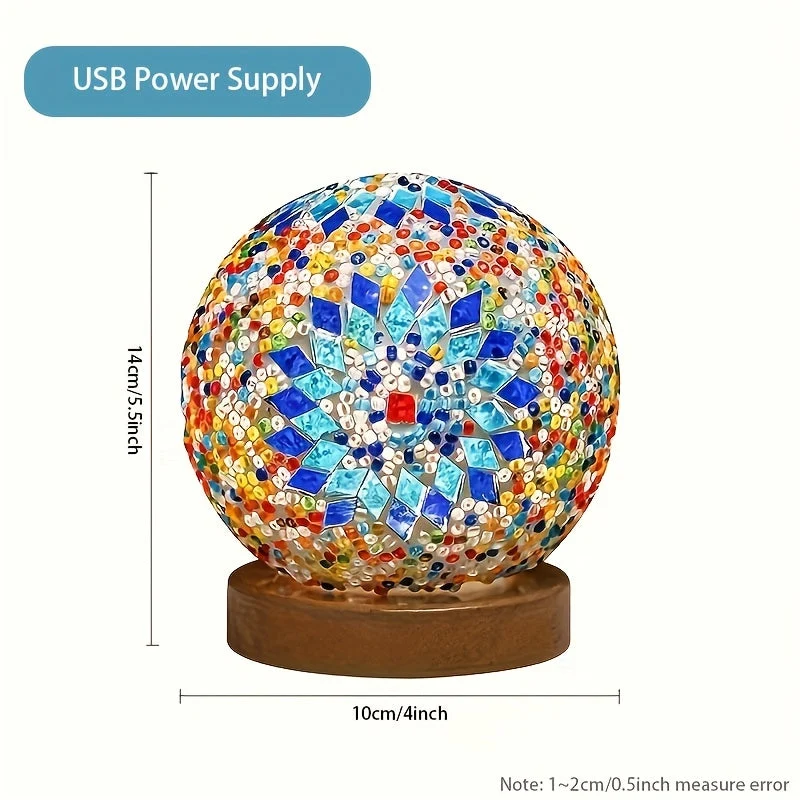 Skanto | Mosaik-Glaskugel-Tischlampe mit Holzsockel - Türkisch-Marokkanisch inspiriert
