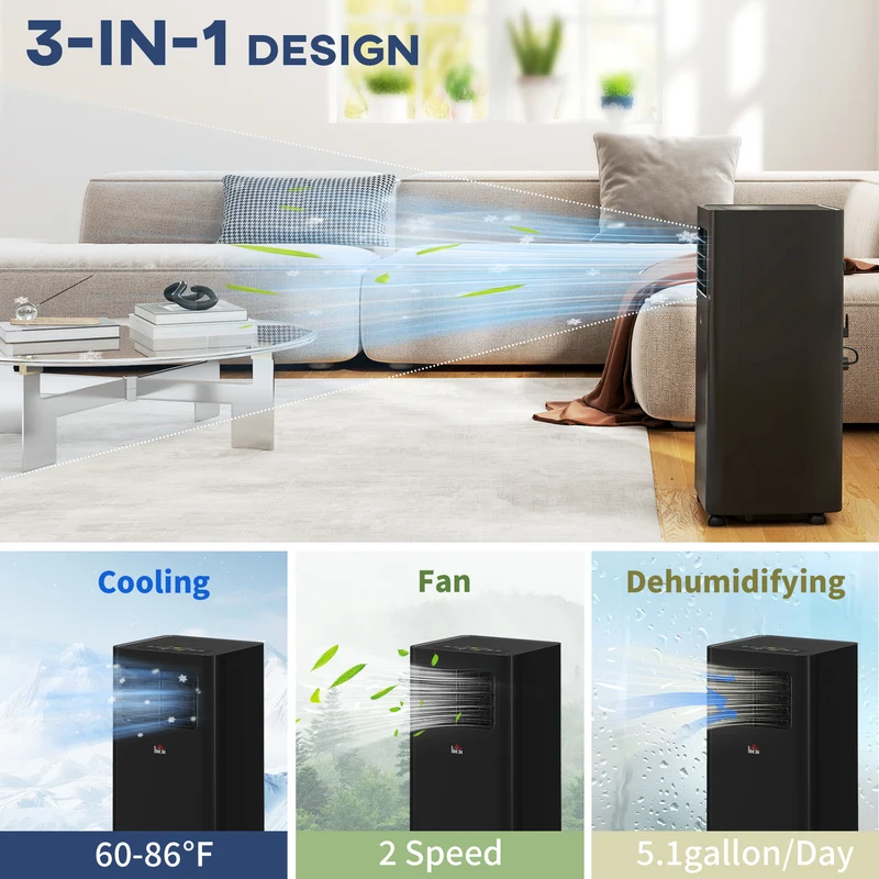 10000 BTU Portable Air Conditioner for Rooms Up to 441 Sq. Ft., 3-in-1 AC Unit, Black