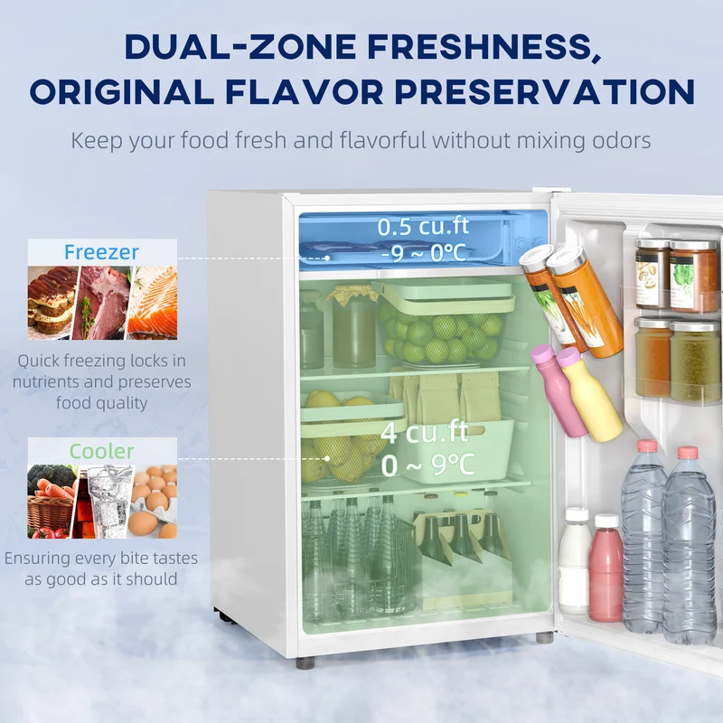 4.5 Cu.Ft Mini Fridge with Freezer, Wheels, Adjustable Thermostat & Reversible Door, White
