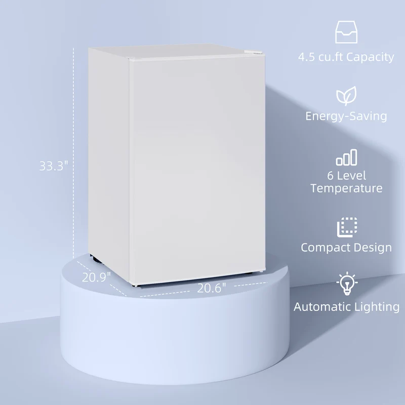 4.5 Cu.Ft Mini Fridge with Freezer, Wheels, Adjustable Thermostat & Reversible Door, White