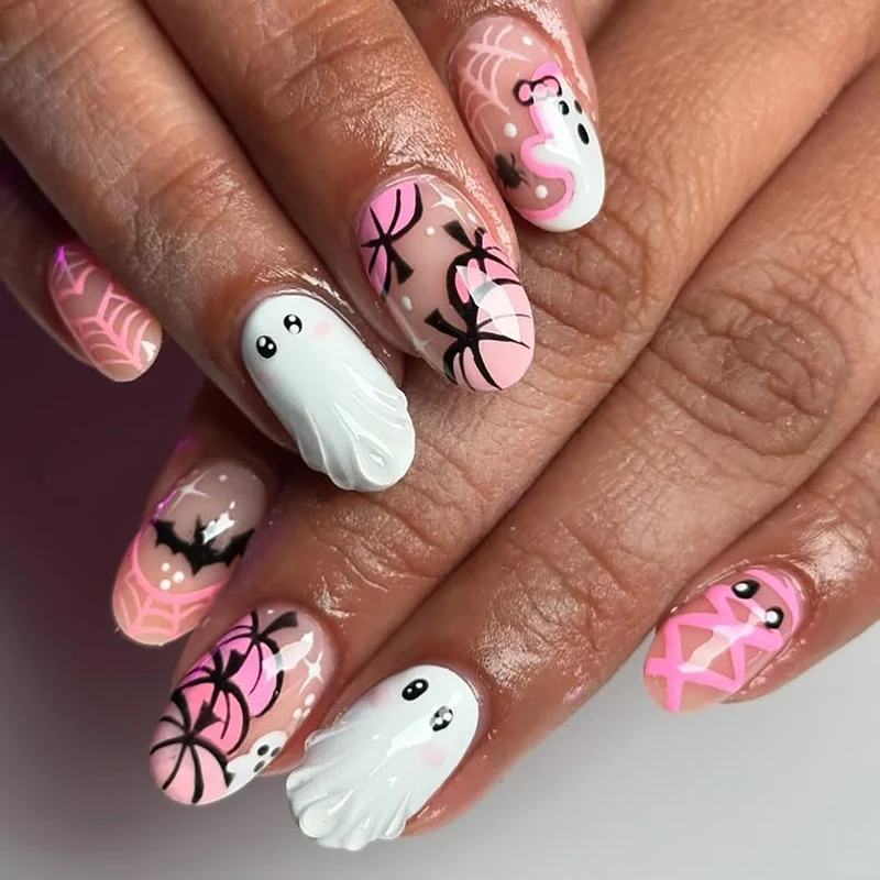 Themenbezogenes Halloween-Geister- und Spinnen-Press-On-Nagel-Set