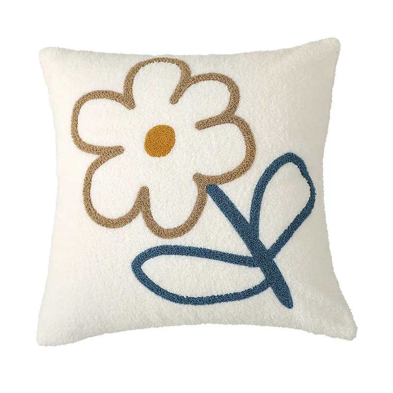 Quadratisches Bouclé-Dekokissen mit getufteter Blumenapplikation