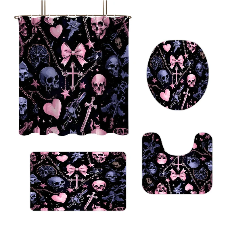 Badezimmer-Set mit künstlerischem Totenkopf- und Blumenmotiv Skanto