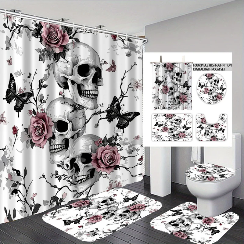 Badezimmer-Set mit künstlerischem Totenkopf- und Blumenmotiv Skanto
