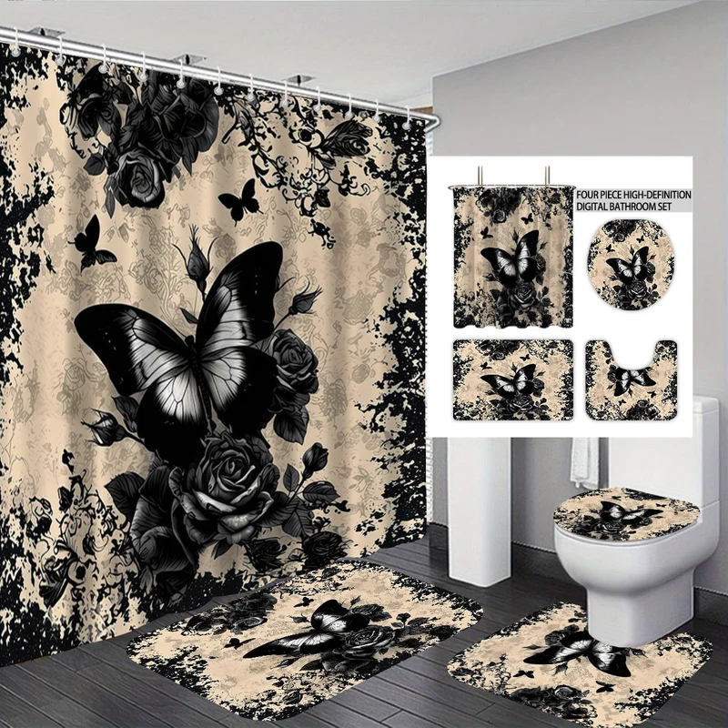 Badezimmer-Set mit künstlerischem Totenkopf- und Blumenmotiv Skanto