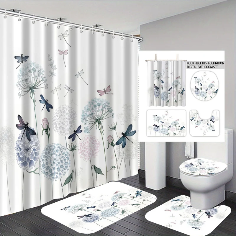 Vierteiliges Digitales Badezimmer-Set mit künstlerischem Libellenmotiv Skanto