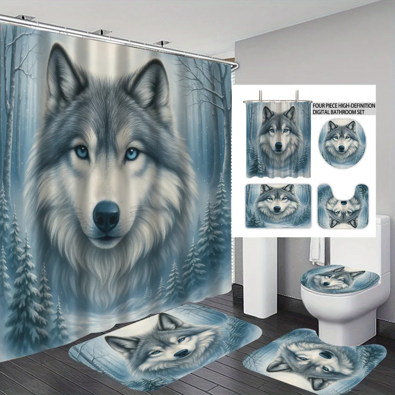 Hochauflösendes Badezimmer-Deko-Set Skanto mit Wolfsmotiv