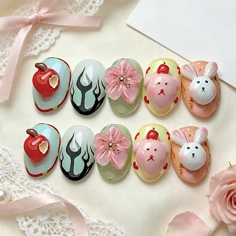 Verspieltes Kaninchen und Blumen Press-On Nagelkunst Set