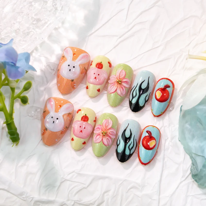 Verspieltes Kaninchen und Blumen Press-On Nagelkunst Set