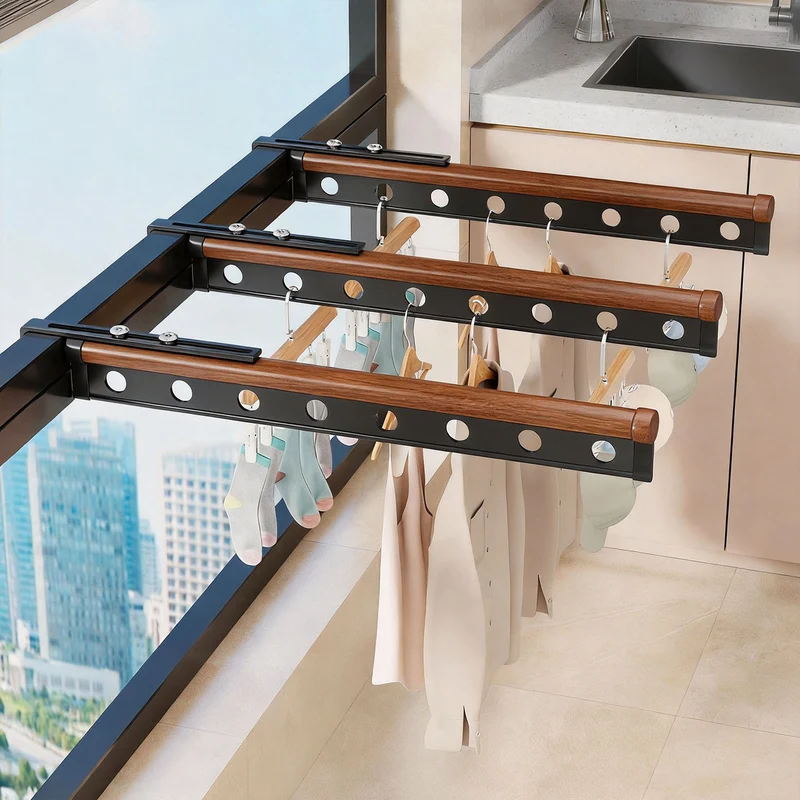 Fenster-Klemme Ausziehbare Trockenstange mit Schienenführung und Mehrloch-Hängestange