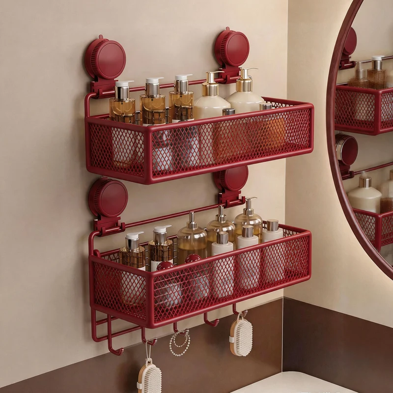 Wandmontierter Saugnetz-Badezimmer-Organizer-Regal mit Multi-Haken-Regal