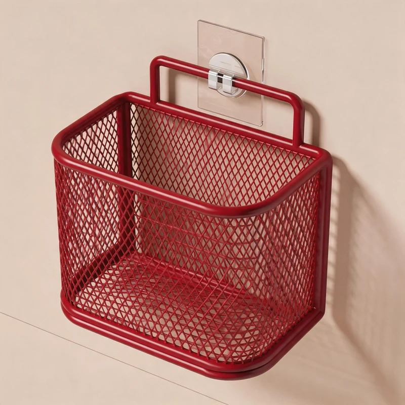 Wandmontierter Mesh-Waschtisch-Organizer-Korb mit zwei Holzknopf-Haken